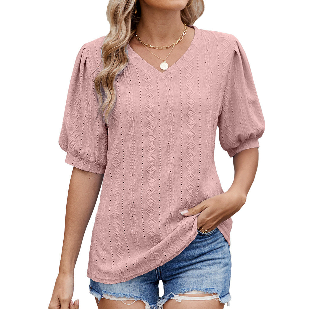 Women's blouse with elegant puff sleeves and delicate openwork pattern, size
