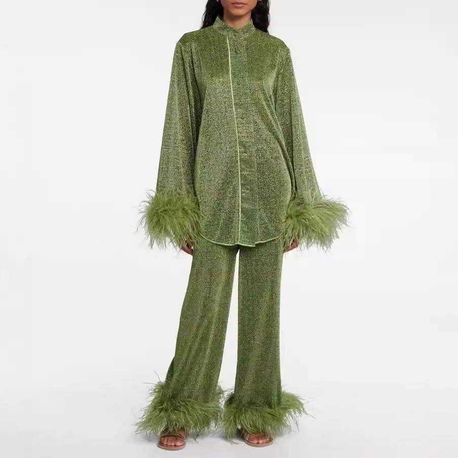 GR | Autumn Winter Feather Stand-up Collar Long Sleeve Top and Trousers Set 