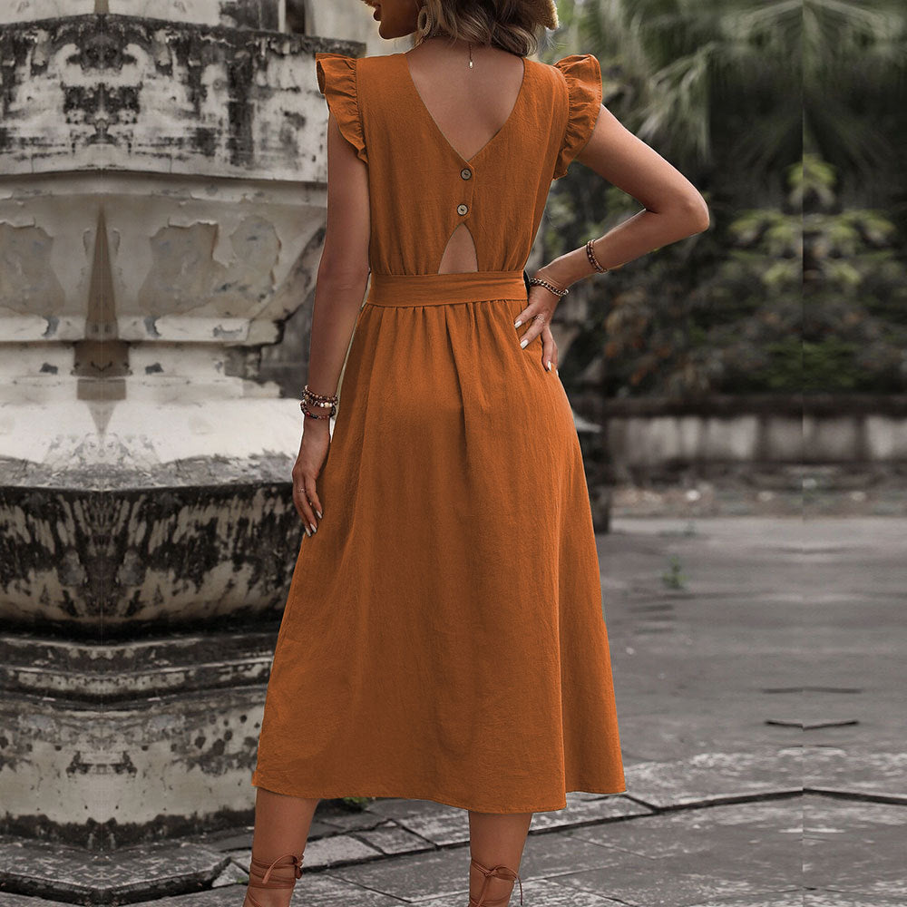 Women's midi dress with ruffle details and fitted tie belt, size