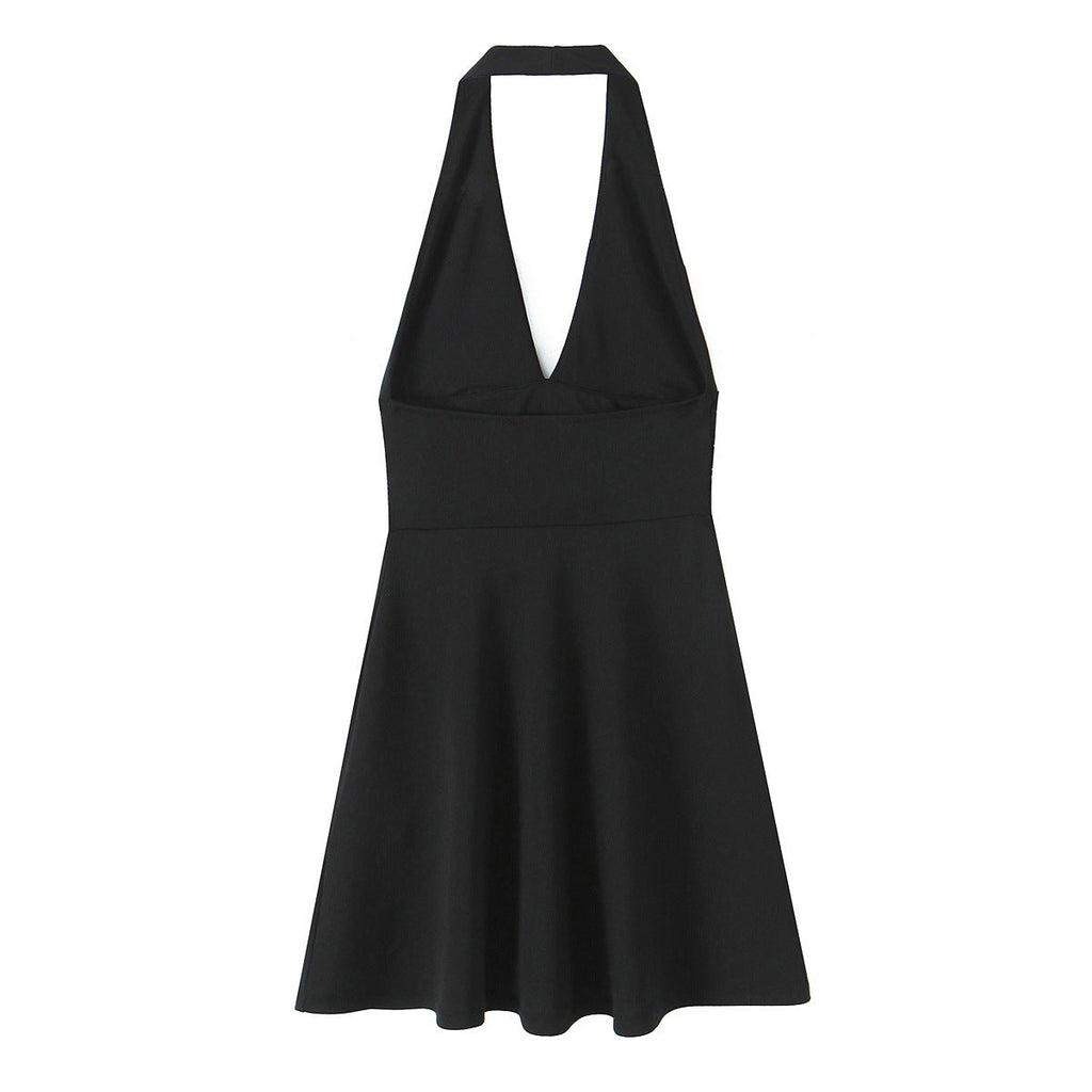 Women's halter dress with deep V-neck and flowing skirt, size