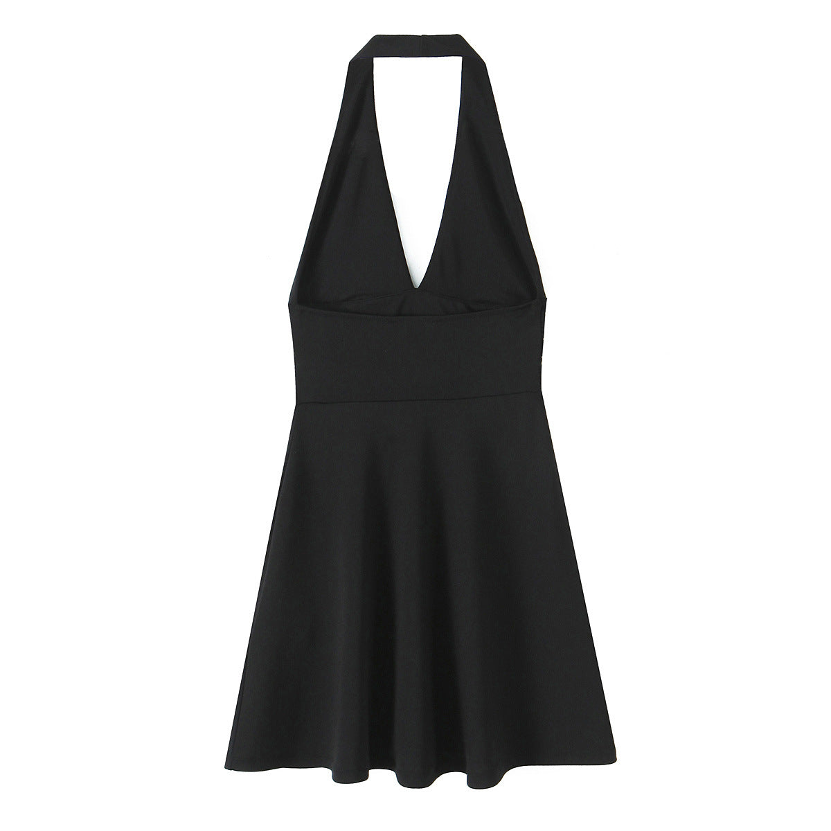 Women's halter dress with deep V-neck and flowing skirt, size