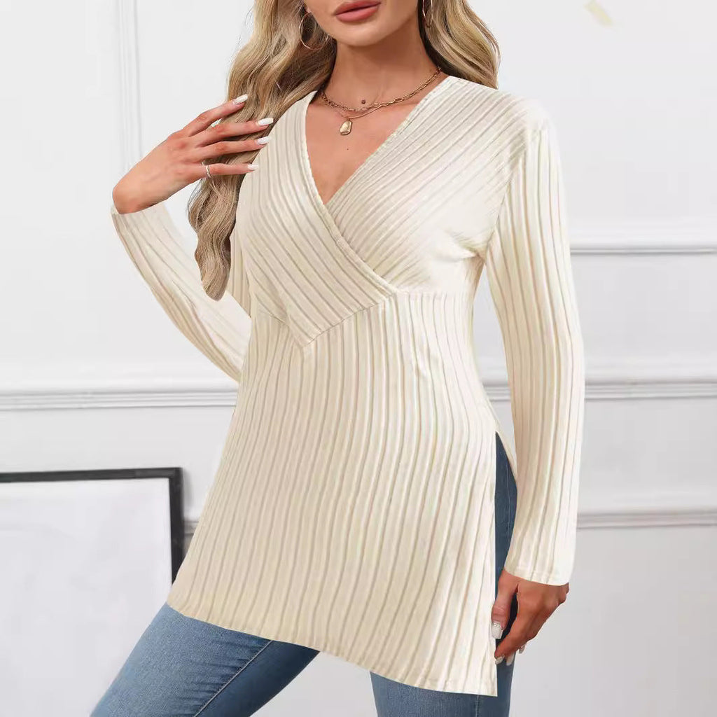 Women's elegant long-sleeved wrap-style shirt with textured ribbed look, size