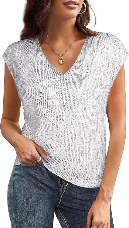 Women's glittery top with a V-neck and loose fit, size [size missing]