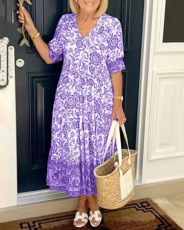 GR | Three-quarter sleeve long floral tie-dye print dress