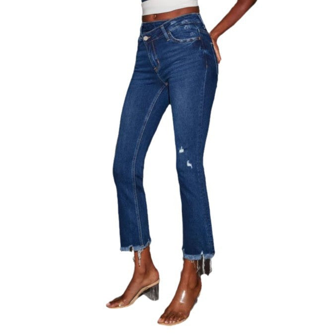Women's flared jeans with frayed hem and casual distressed effect, size S