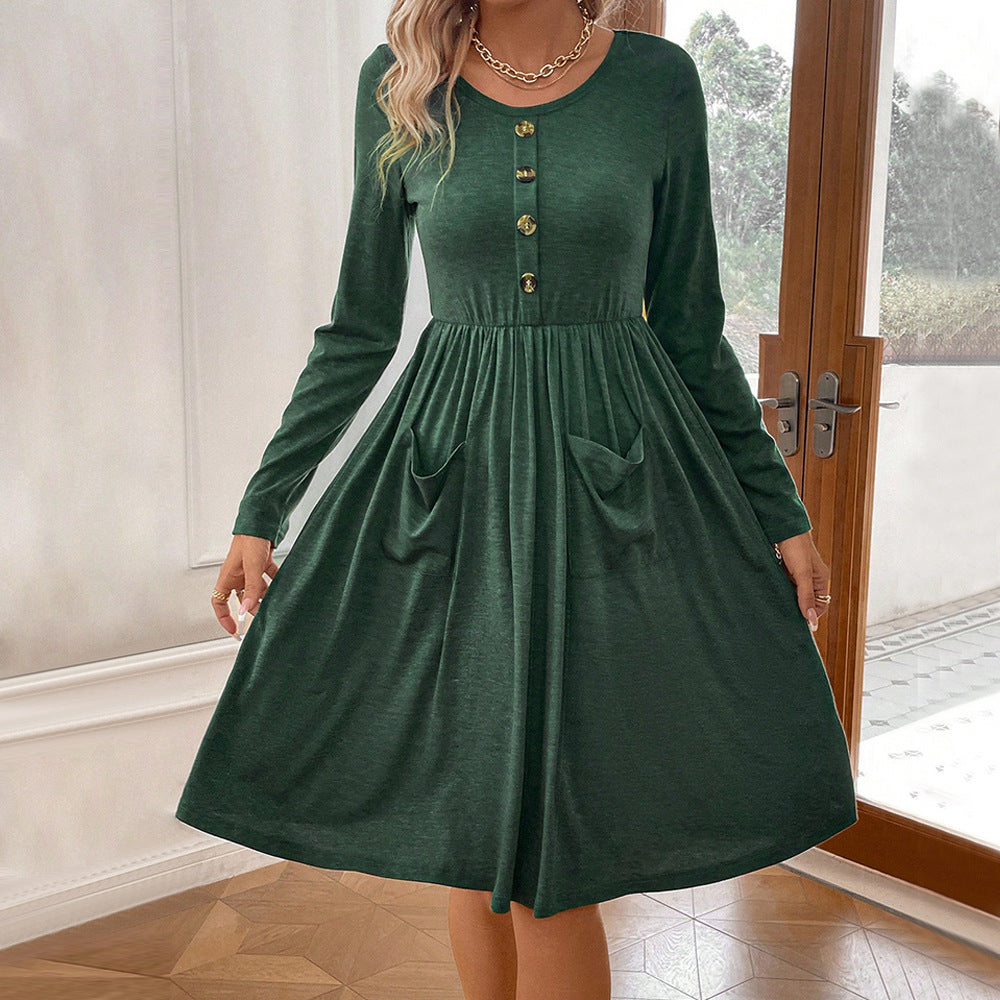 Women's midi dress with button placket and practical pockets, size