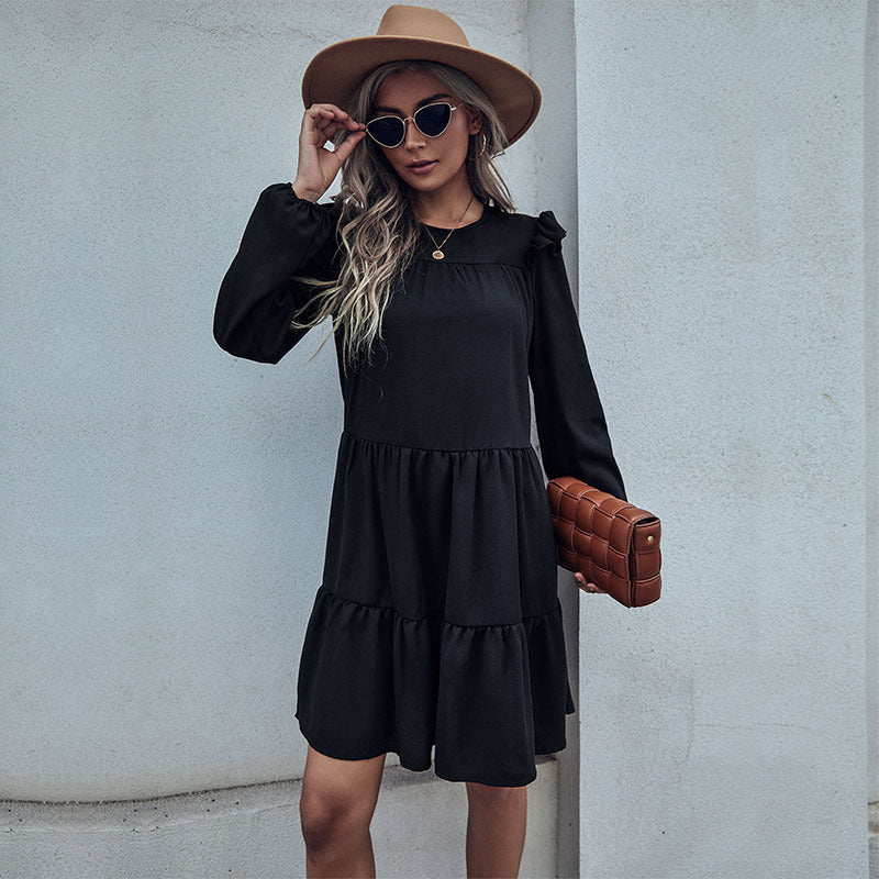 Women's midi dress with ruffle details and voluminous skirt, size [size missing]