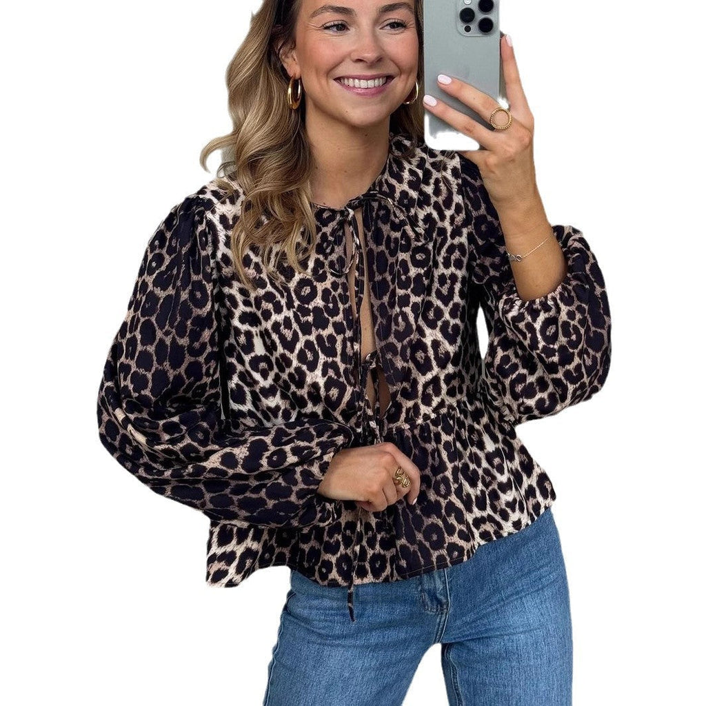 Damen Bluse mit Leo-Print und Rüschen GR