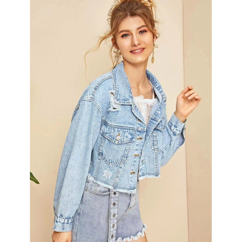 Damen cropped Jeansjacke im Vintage-Style mit lässigen Fransen und robusten Details GR