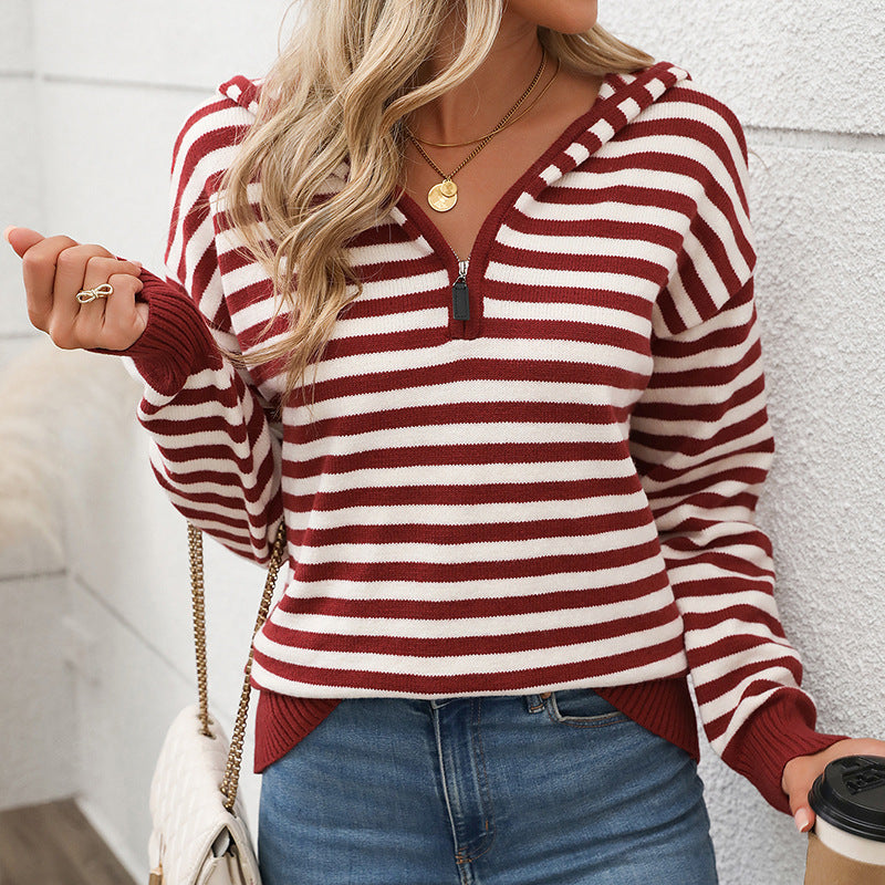 Damen gemütlicher Strickpullover mit modischem Reißverschluss und Streifenmuster GR