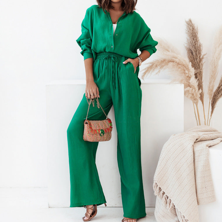Women's casual two-piece set with long-sleeved blouse and wide-leg trousers, size