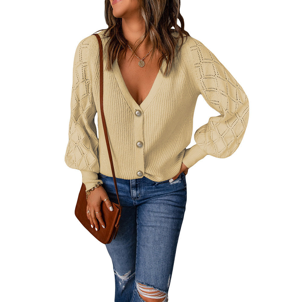Damen Strickjacke mit V-Ausschnitt und Puffärmeln GR