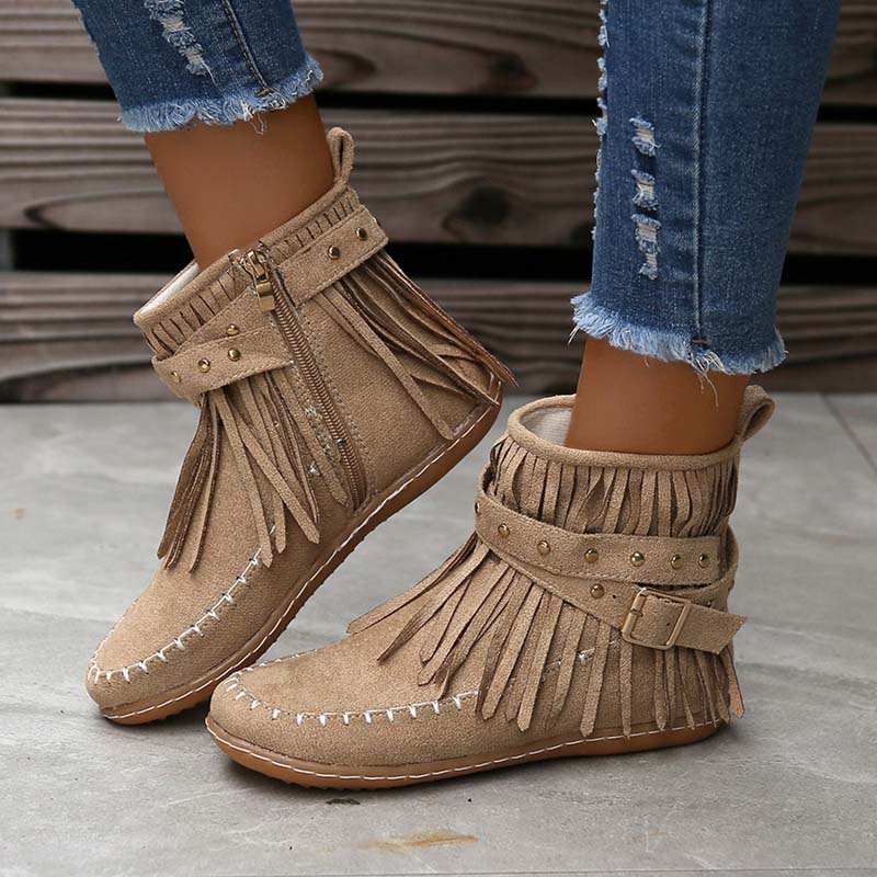 GR | Boho ankle boots with fringes and buckles for women