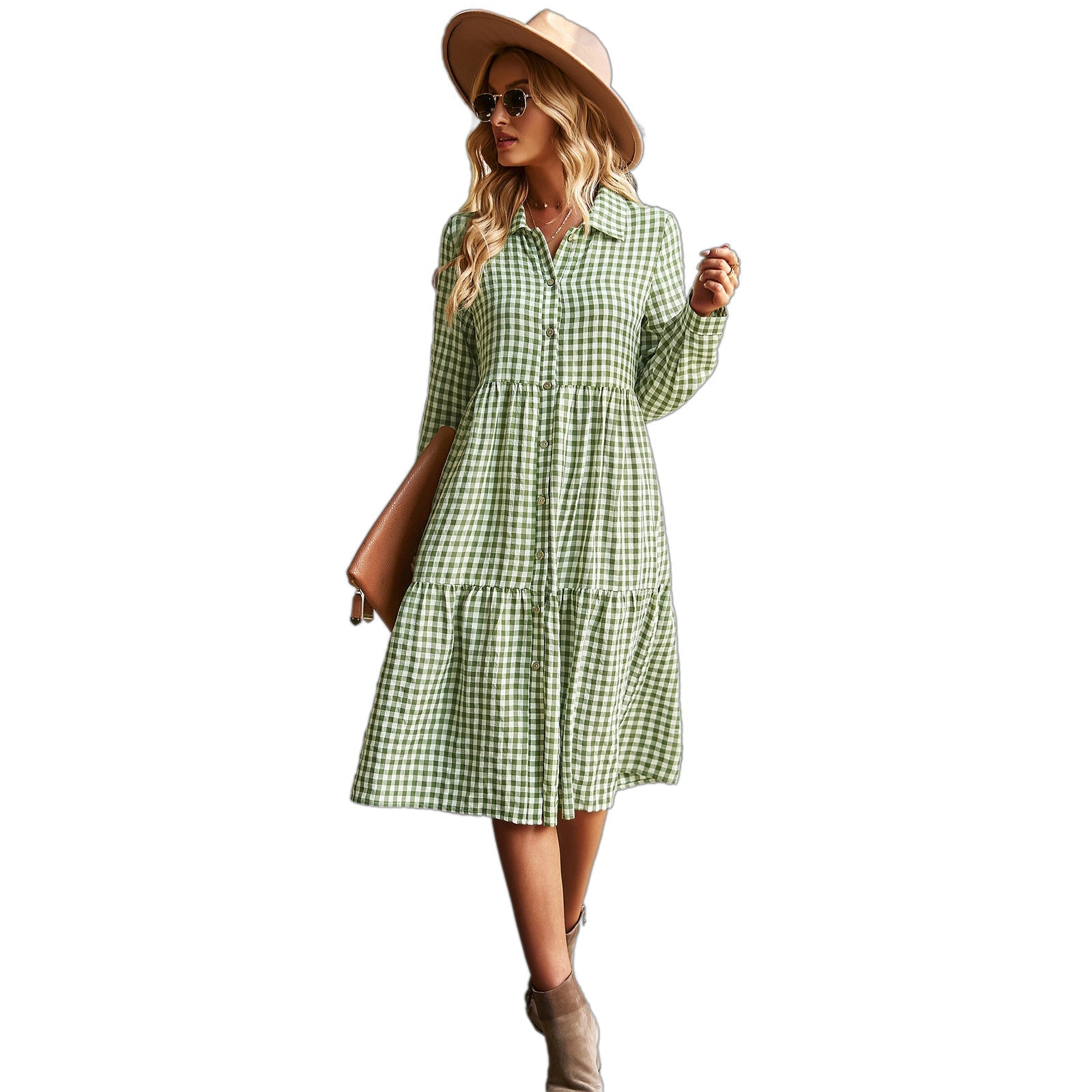 Damen karierte Midi-Bluse mit Knopfleiste und ausgestelltem Rock GR