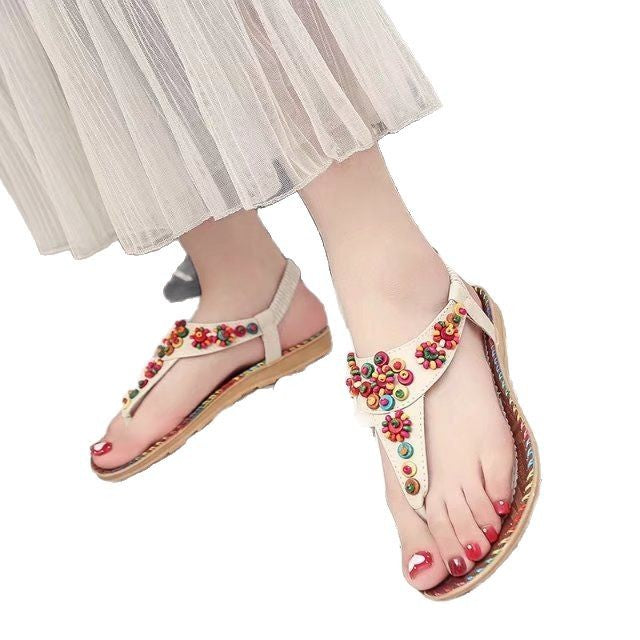 Women's sandals with colorful decorative beads and non-slip sole, size S
