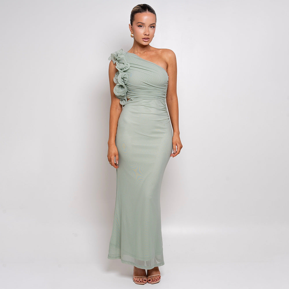 Damen Figurschmeichelndes Midi-Kleid mit asymmetrischem Ausschnitt und Rüschendetails GR