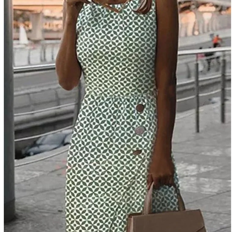 GR | Ärmelloses bedrucktes grünes Knopf-Casual-Kleid