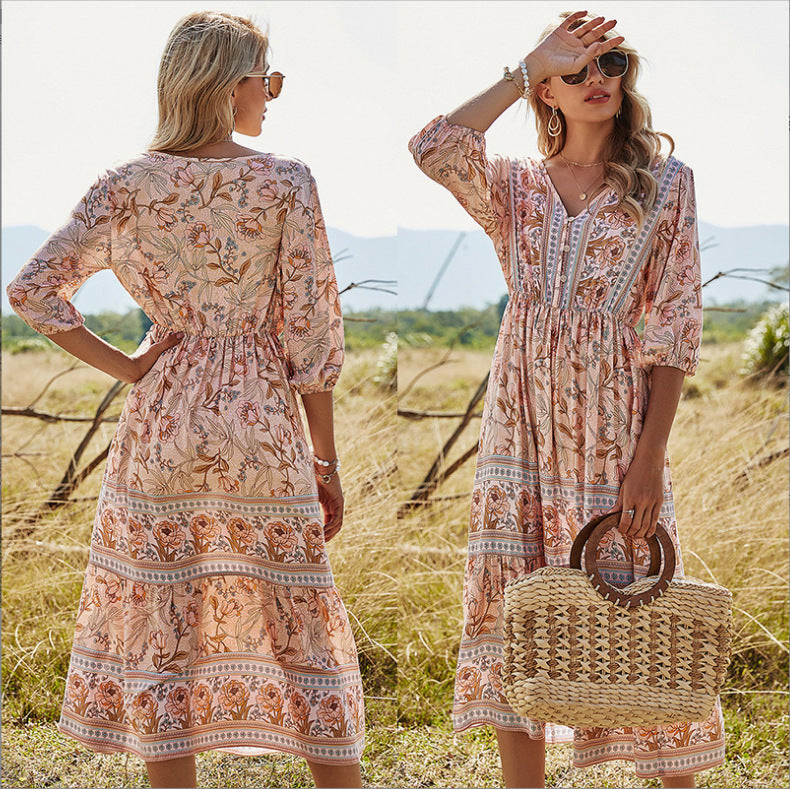 GR | Damen Midikleid mit V-Ausschnitt und Blumenmuster