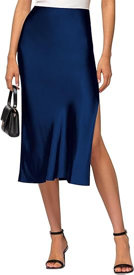 Women's satin midi skirt with high slit, size