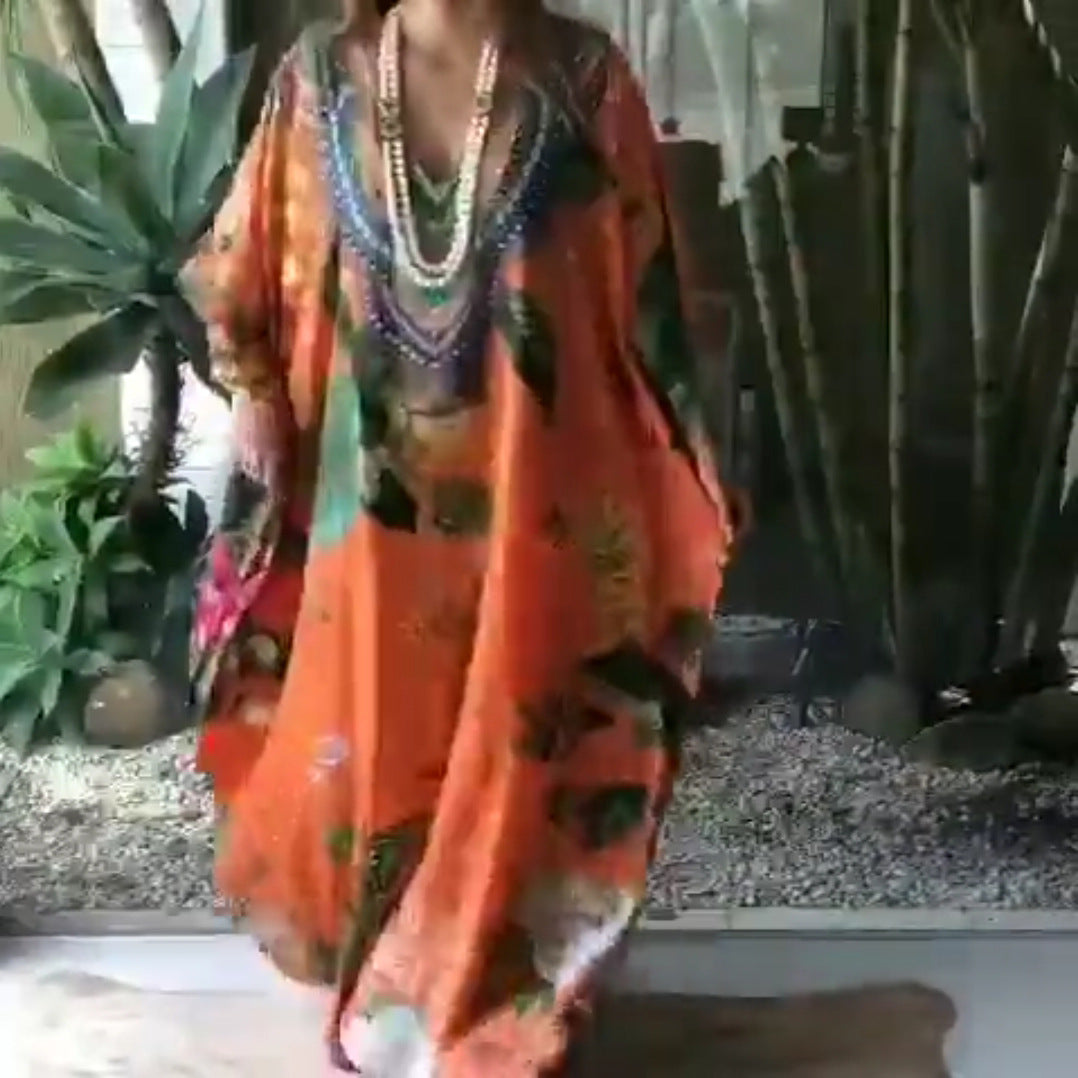 Women's beach kaftan with artistic floral pattern and decorative pearl embellishment, size GR