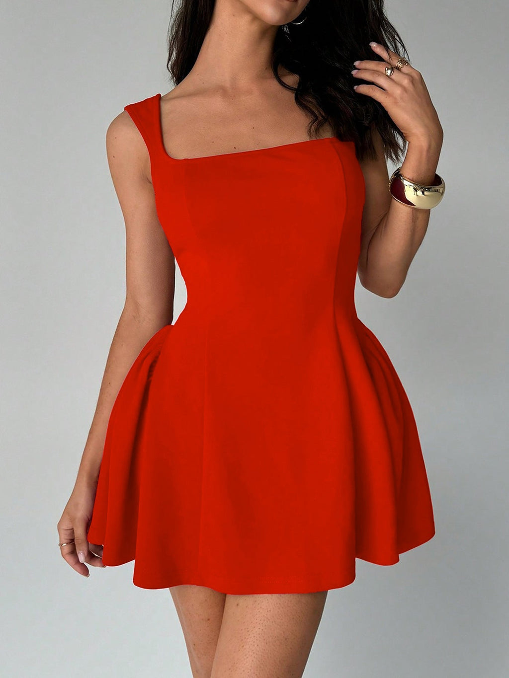 Damen A-Linien Kleid mit quadratischem Ausschnitt und schwingendem Rock GR