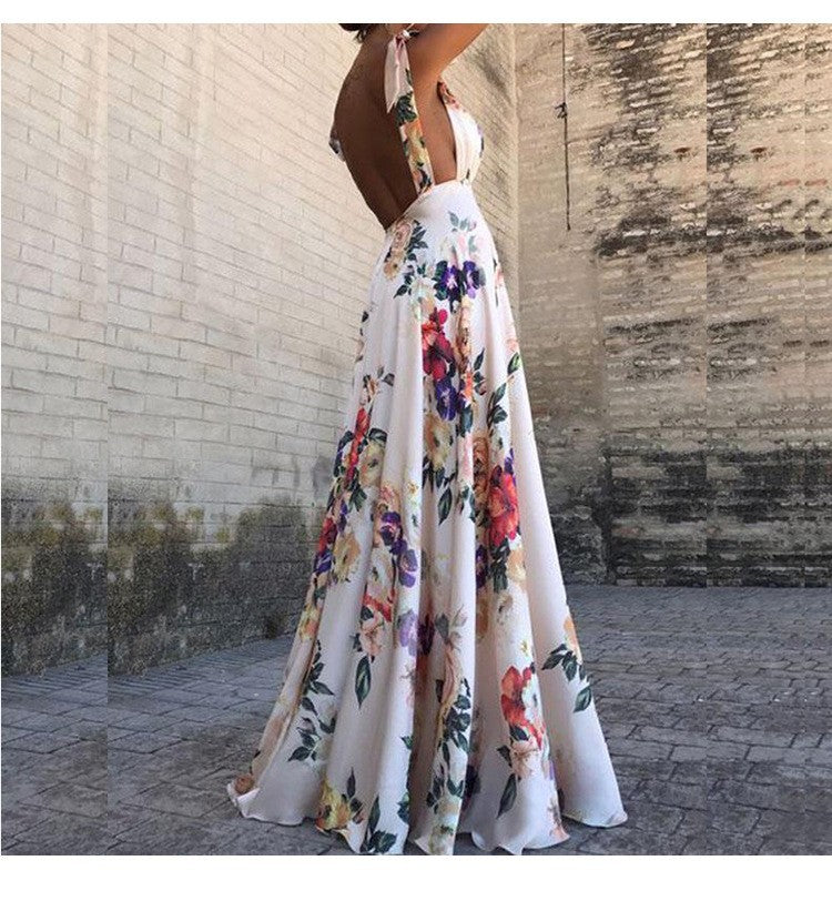 GR | Printed long-sleeved spaghetti strap dress with a wide hem