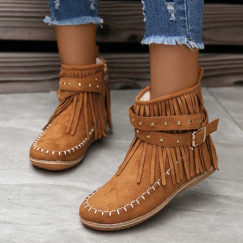 GR | Boho ankle boots with fringes and buckles for women