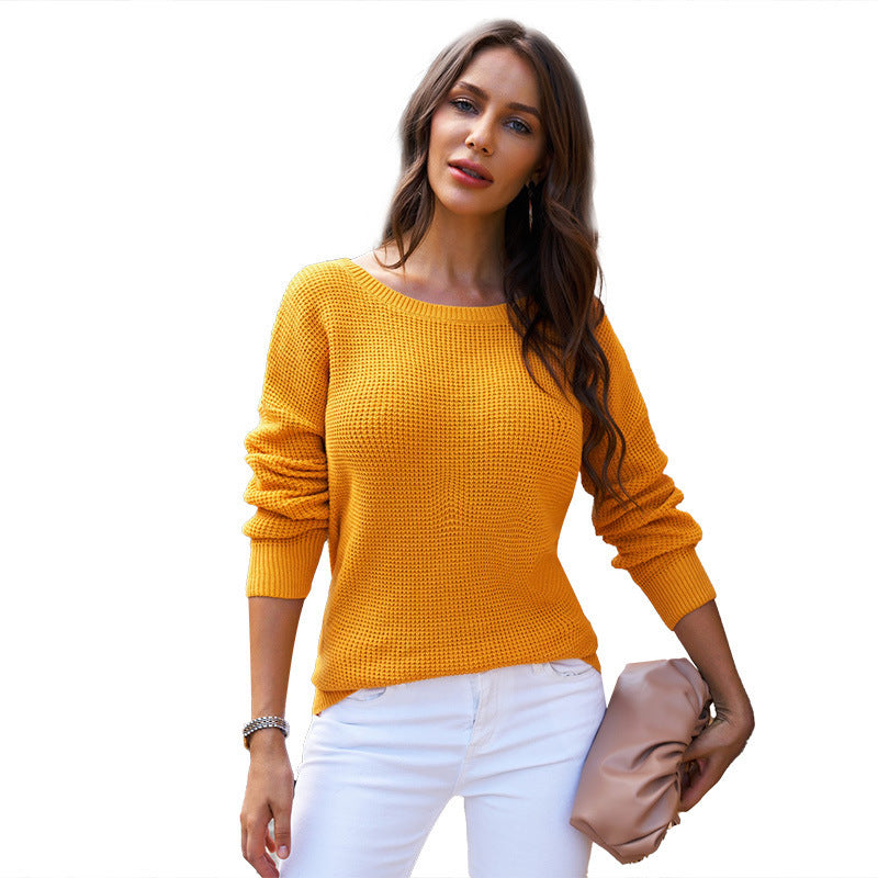 Women's casual knit sweater with open back design, size