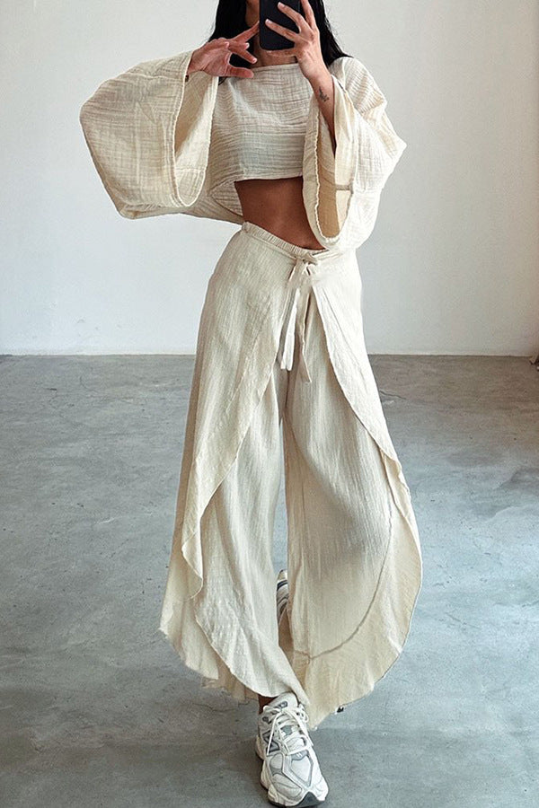Women's Casual Two-Piece Set with Oversized Top and Wide-Leg Trousers, Size