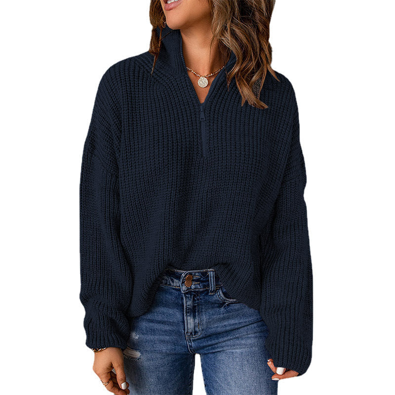 Damen Grober Strickpullover mit Stehkragen und Reißverschluss GR
