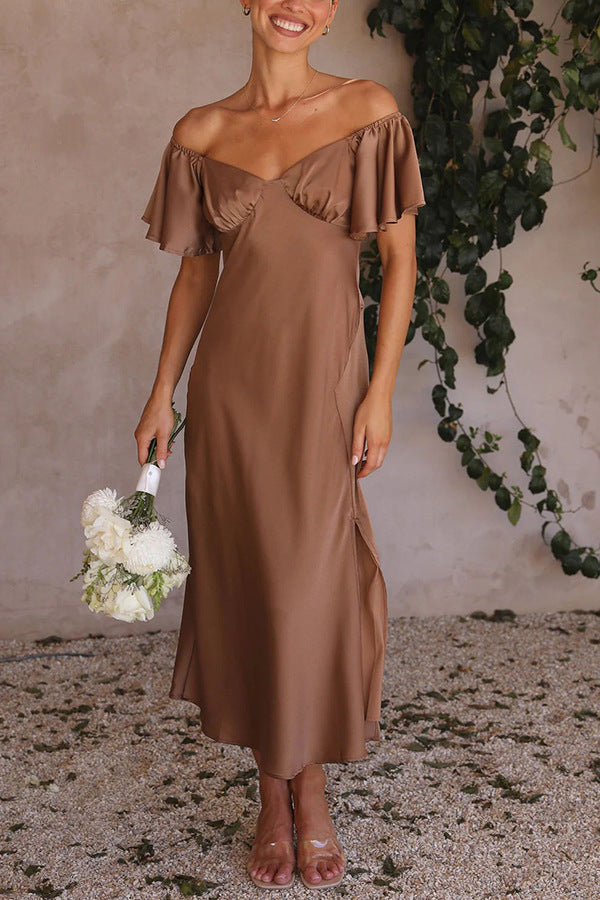 Women's off-the-shoulder midi dress with voluminous sleeves and elegant accents, size GR
