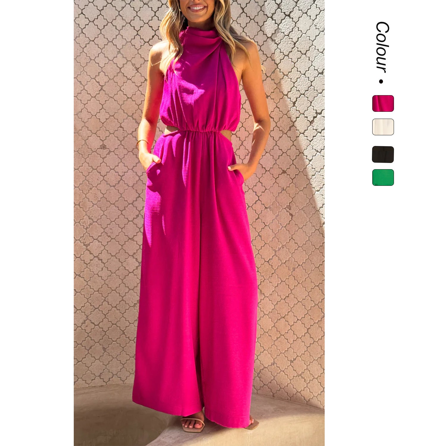 Women's elegant jumpsuit with high collar and cut-out details, size