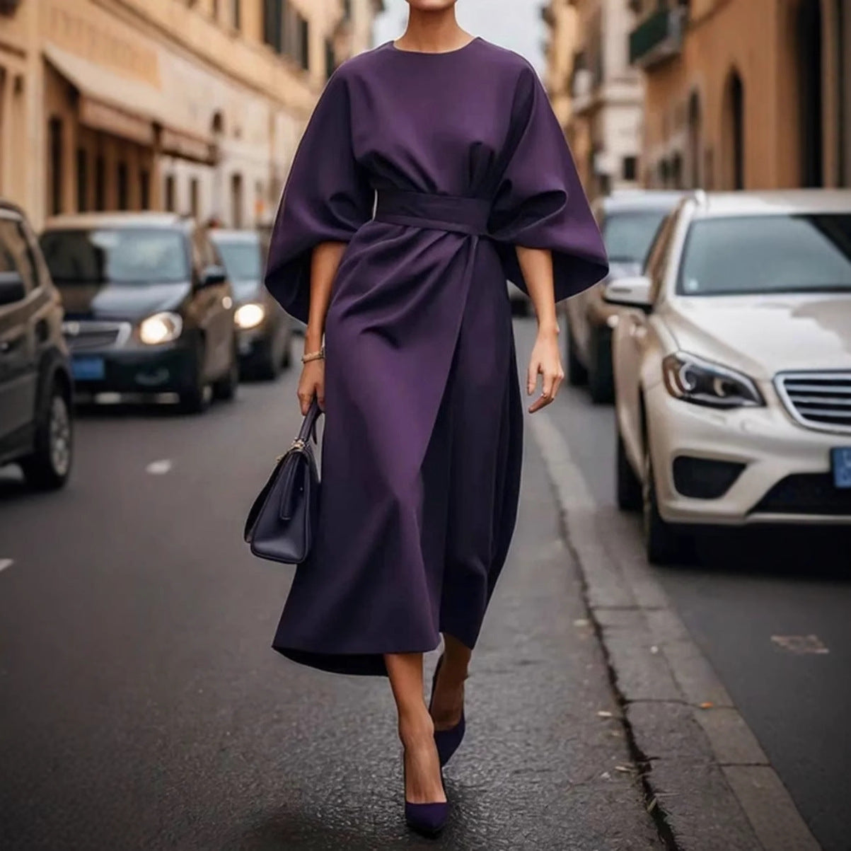 Women's elegant maxi dress with puff sleeves and a tailored cut, size [size missing]