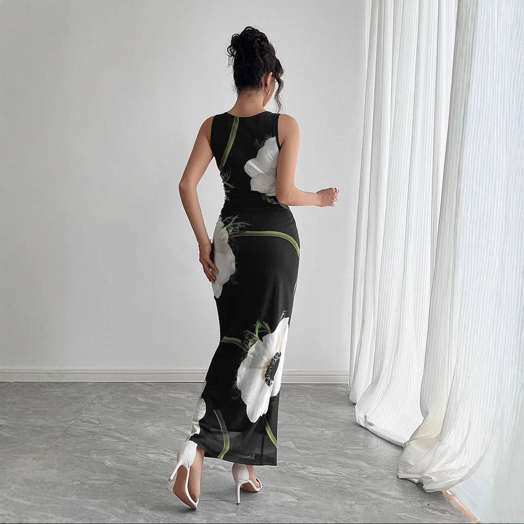 GR | Black mesh-printed sleeveless long skirt dress