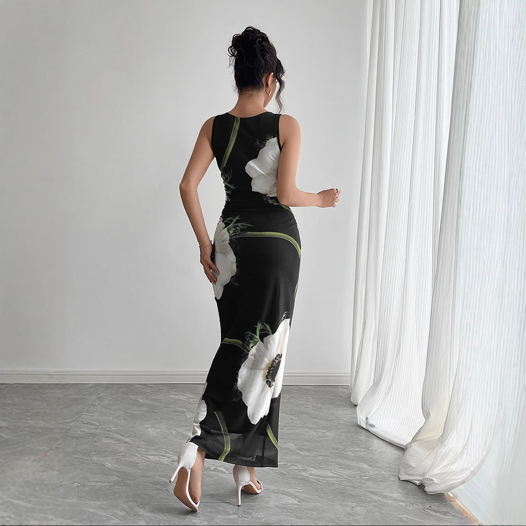 GR | Black mesh-printed sleeveless long skirt dress