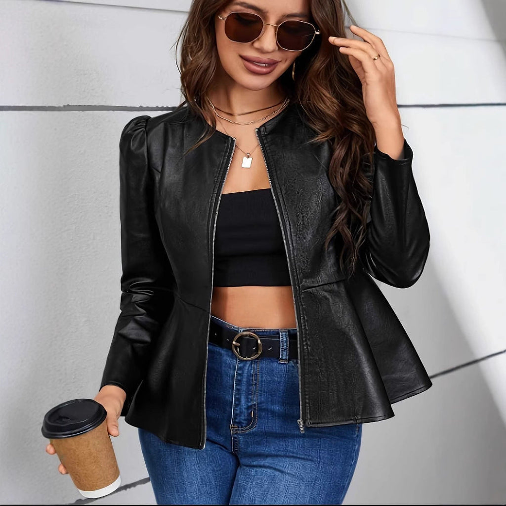 Women's faux leather jacket with an elliptical cut and puff sleeves, size [size missing]
