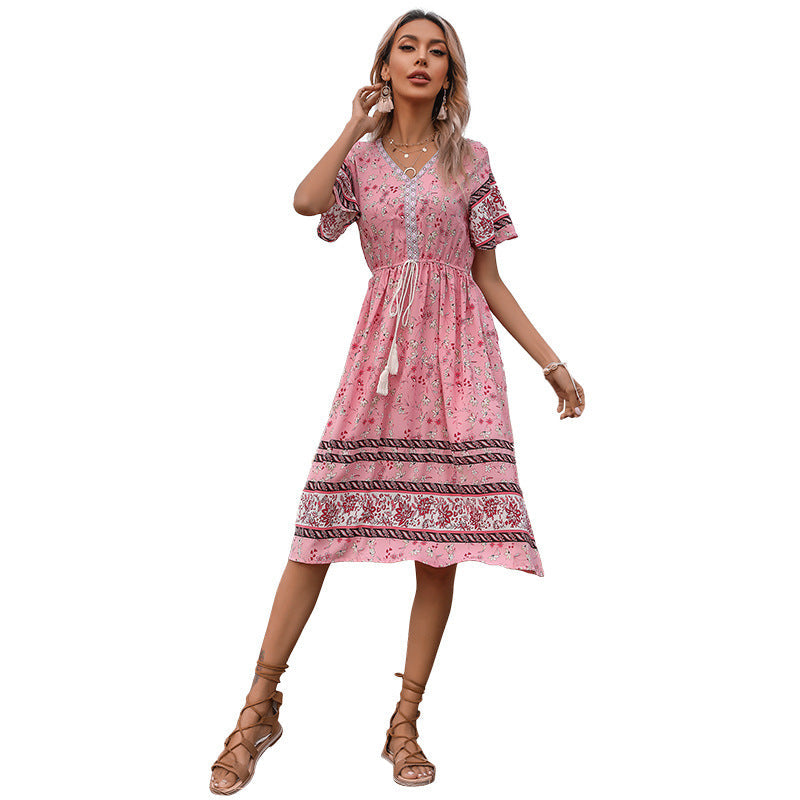 Damen Boho-Style Kleider mit Stickdetails und Taillenzugbund GR