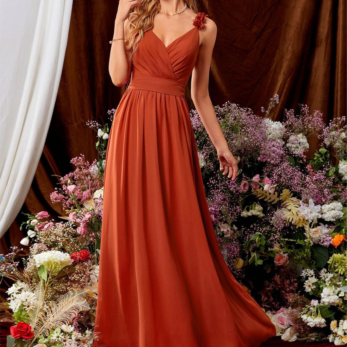GR | V-Ausschnitt Träger Abendkleid Spitze Plissierter Rückenlos Sexy Groß Schwingtanz Kleid Festkleid Brautjungfernkleid Sommer