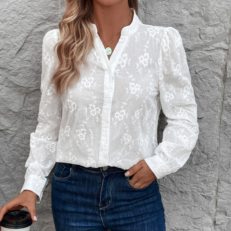 Women's blouse with elegant floral openwork pattern, size