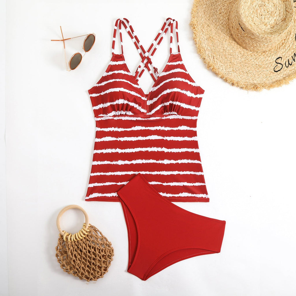 Women's tankini with adjustable straps and elegant striped pattern, size