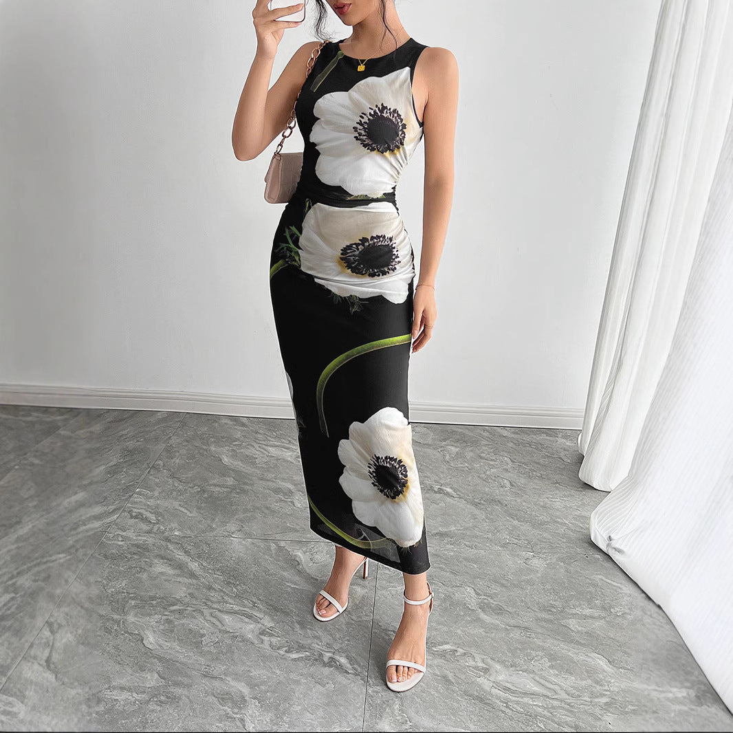 GR | Black mesh-printed sleeveless long skirt dress