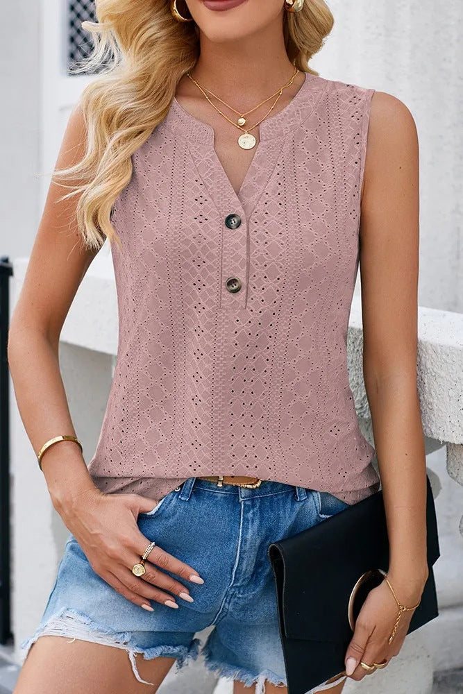 Women's sleeveless blouse top with button-decorated details and fine openwork pattern, size S
