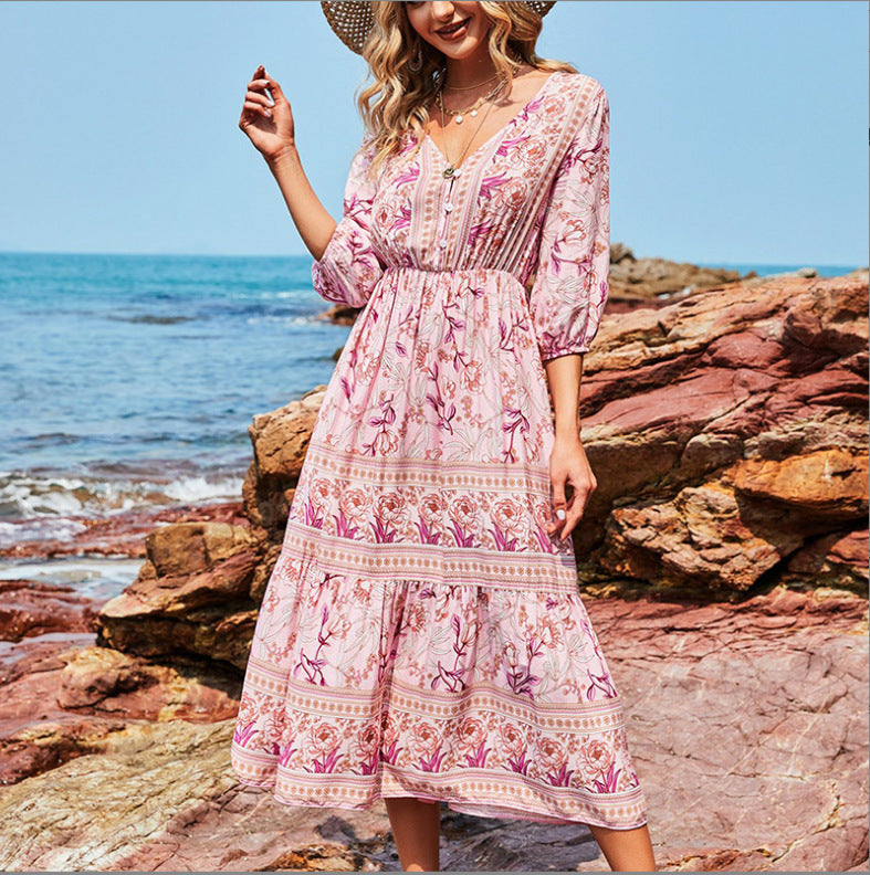 GR | Damen Midikleid mit V-Ausschnitt und Blumenmuster