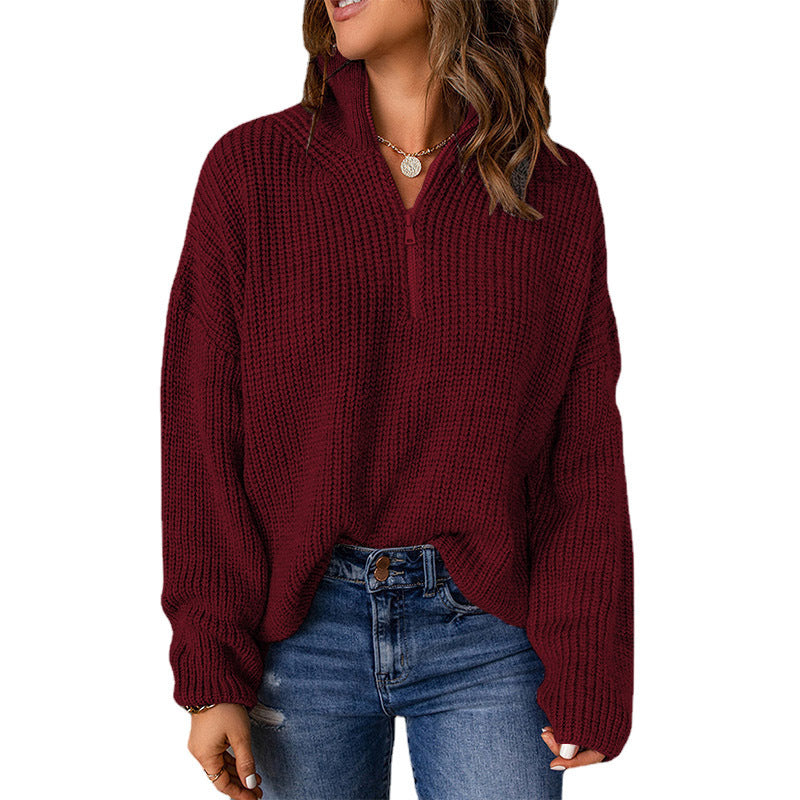 Damen Grober Strickpullover mit Stehkragen und Reißverschluss GR