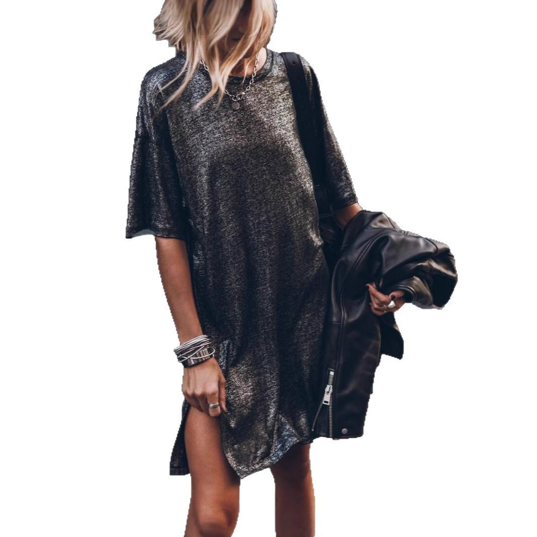 Women's casual glitter dress with side slit and oversized cut, size [size]