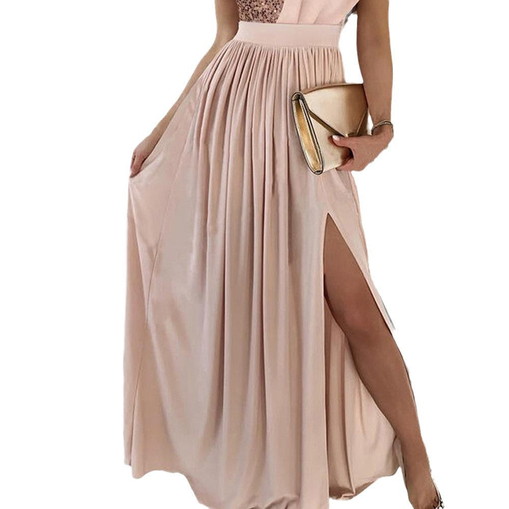 Women's elegant evening dress with asymmetrical top and shimmering skirt, size