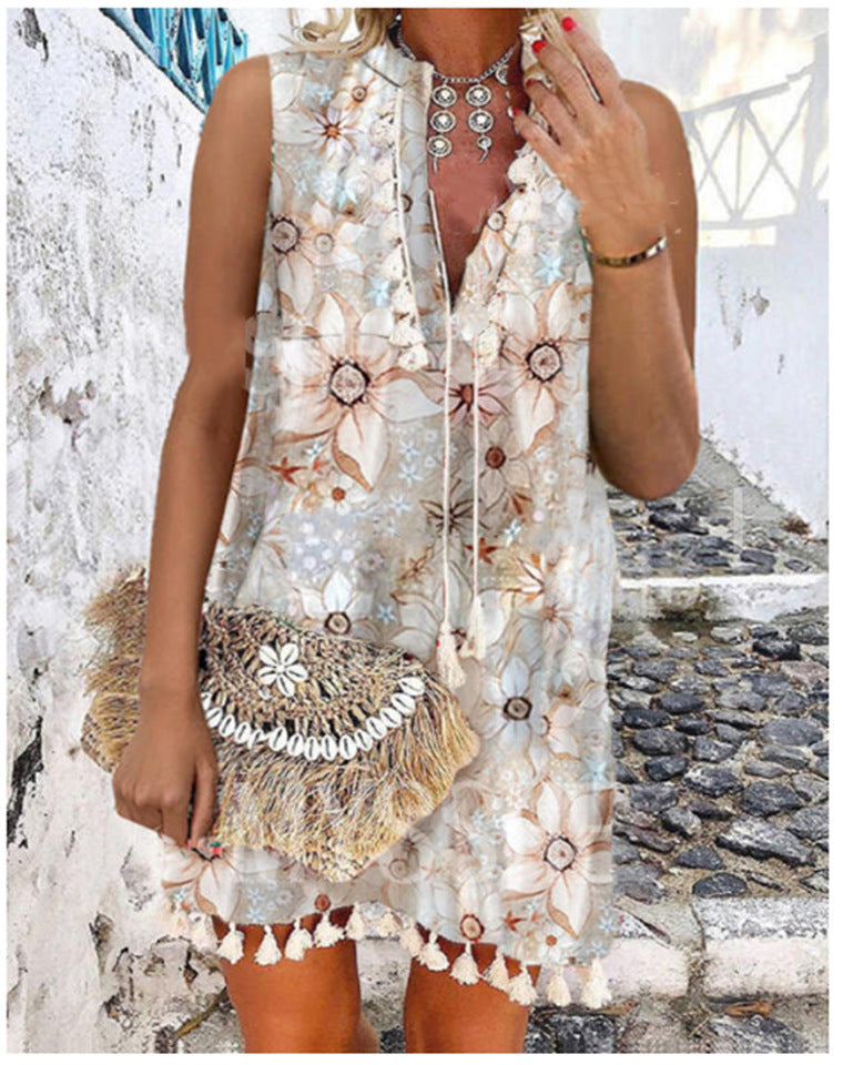 GR | Bedrucktes Fransen Ärmelloses Sexy V-Ausschnitt Kleid