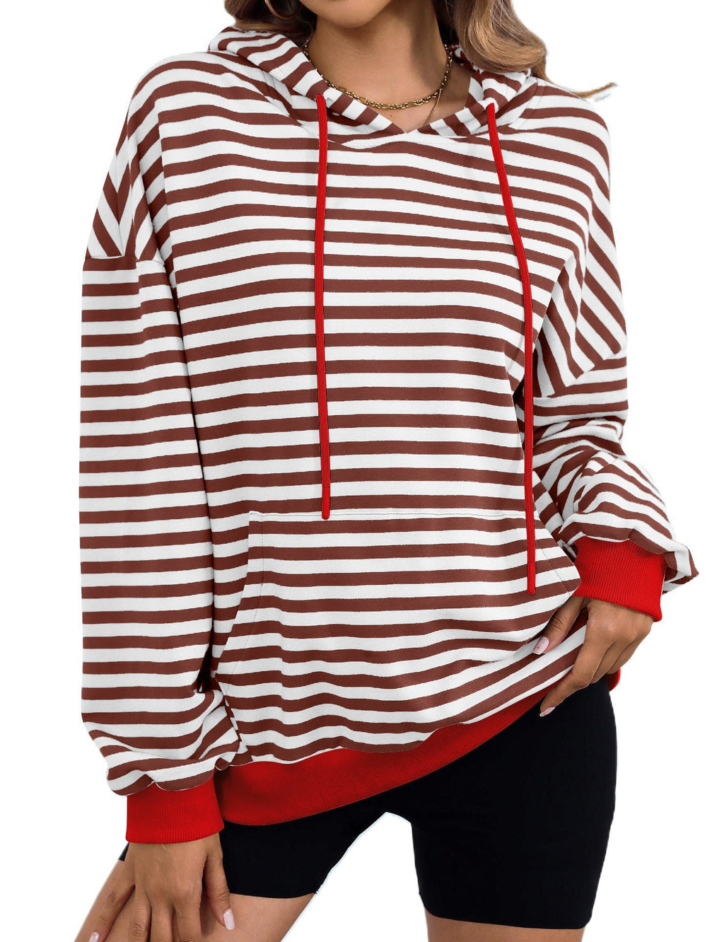 Damen gestreifter Kapuzenpullover mit stylischer Kängurutasche GR