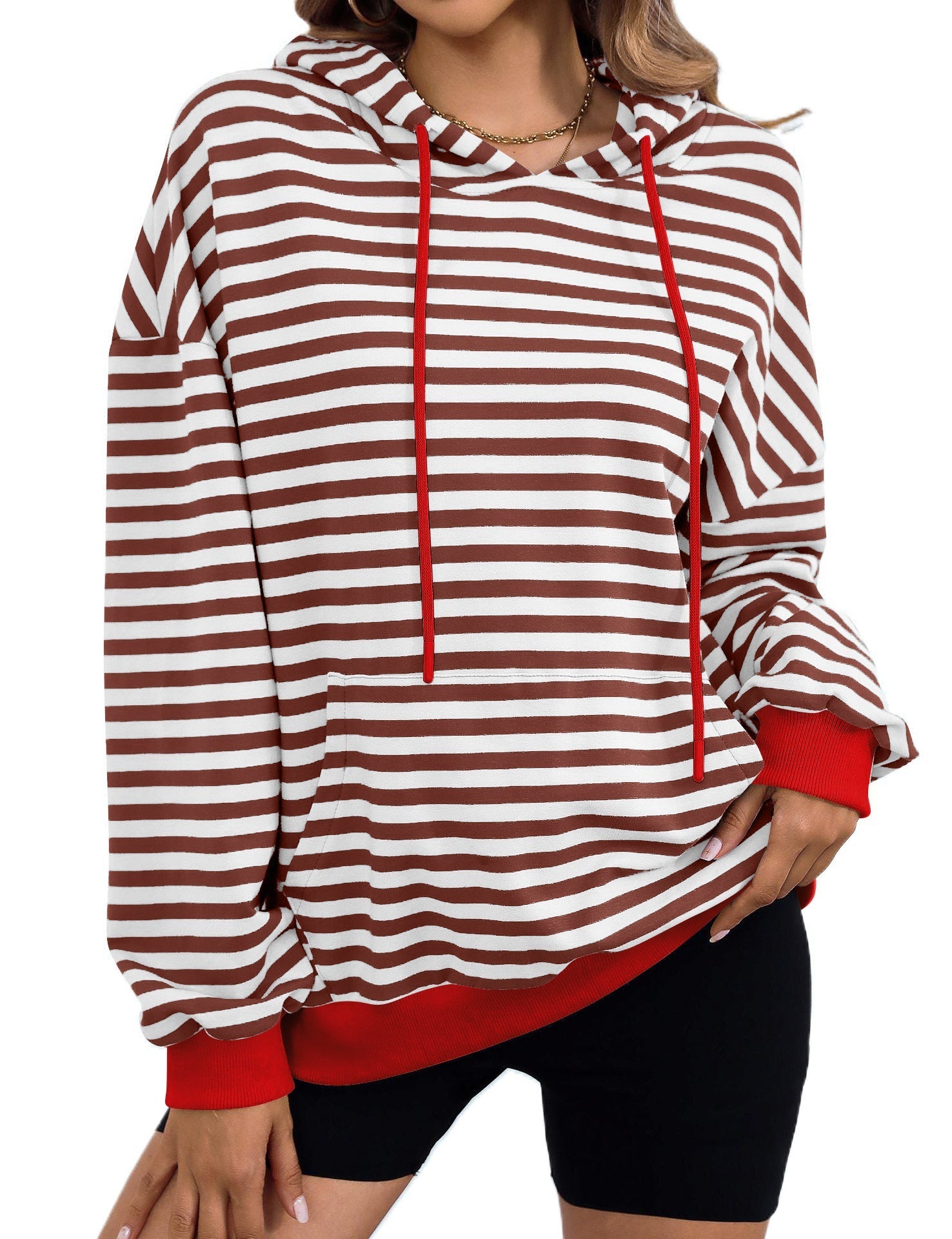 Damen gestreifter Kapuzenpullover mit stylischer Kängurutasche GR