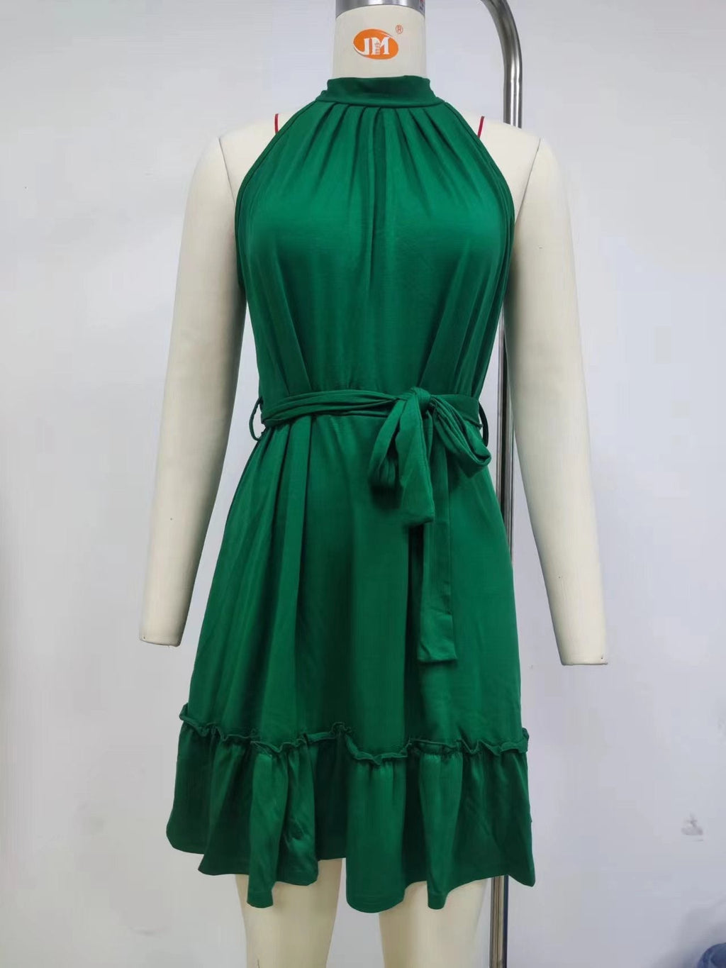 Women's elegant sleeveless dress with closed ruffles and waist belt, size S